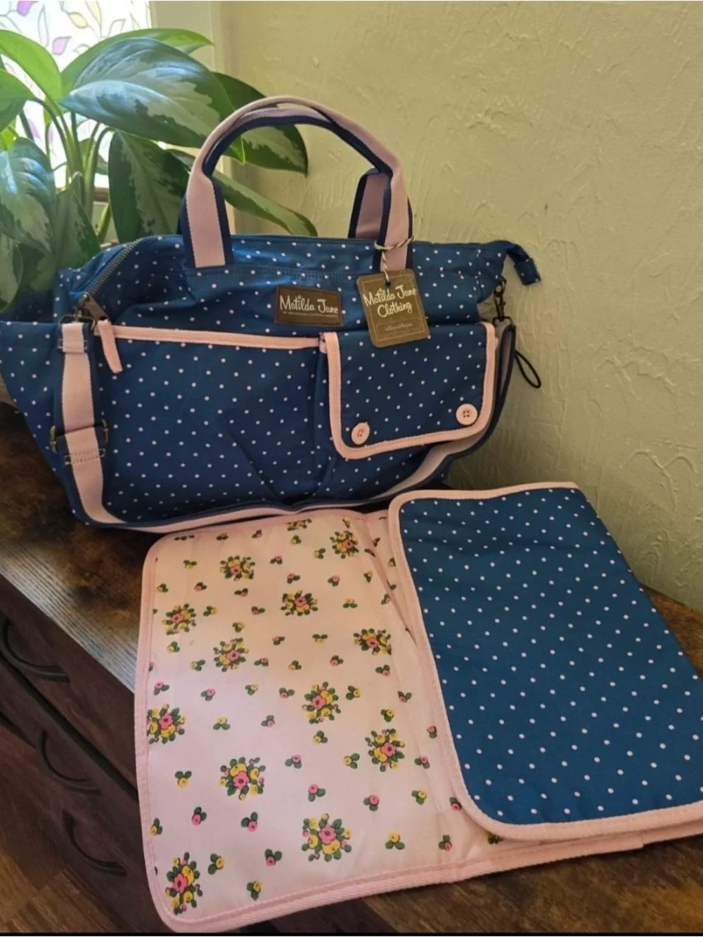 Matilda Jane Navy Polka Dot Baby Bag with Pink Trim